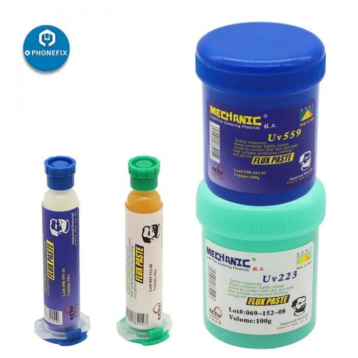 PhoneFix mechanic solder flux paste UV223 and UV559 no-clean solder paste in 10cc tube, used for electronic soldering.