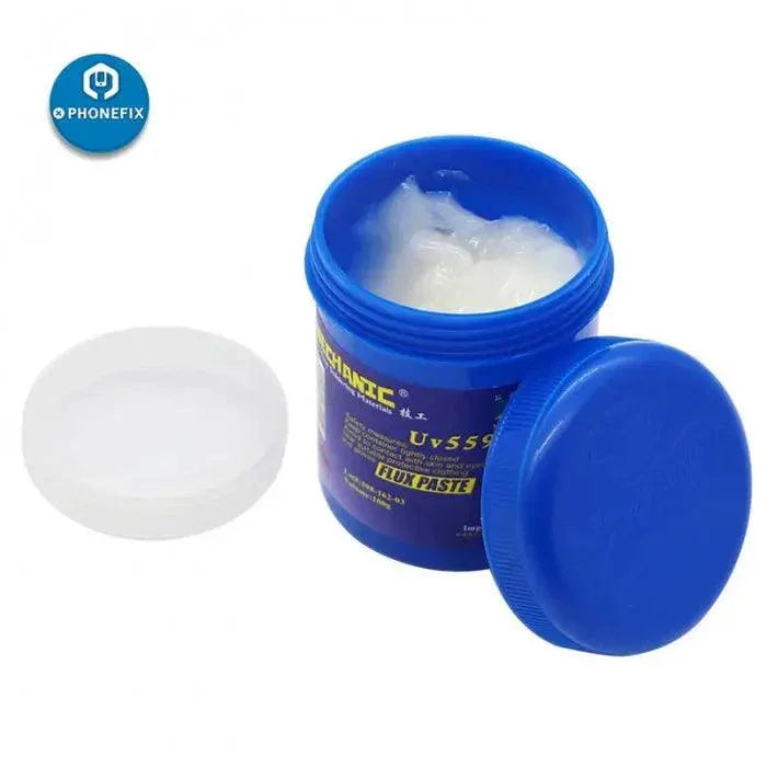 PhoneFix mechanic solder flux paste UV223 and UV559 no-clean solder paste in 10cc tube, ideal for electronics soldering.