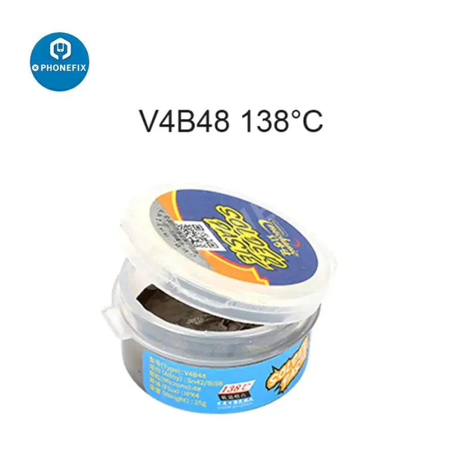 PhoneFix mechanic 138℃ low-temperature BGA solder paste, soldering tin cream for electronics repair, shown in a professional application image.