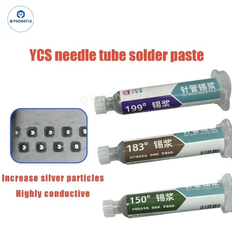 YCS solder paste syringe for SMD PCB BGA repair, featuring 150/183/199℃ flux for precise soldering and rework.