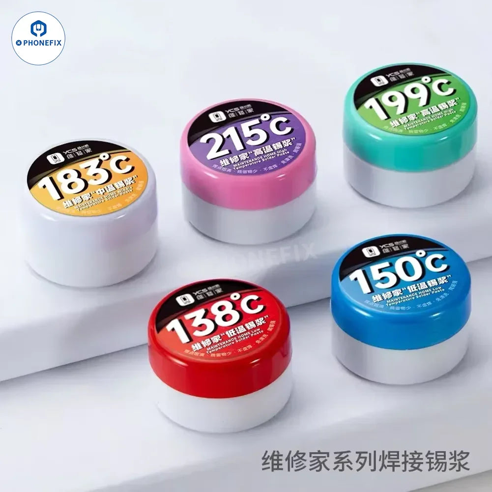 Phonefix YCS solder paste in multiple temperature grades, PCB BGA and CPU tin planting flux, shown in a sealed container.