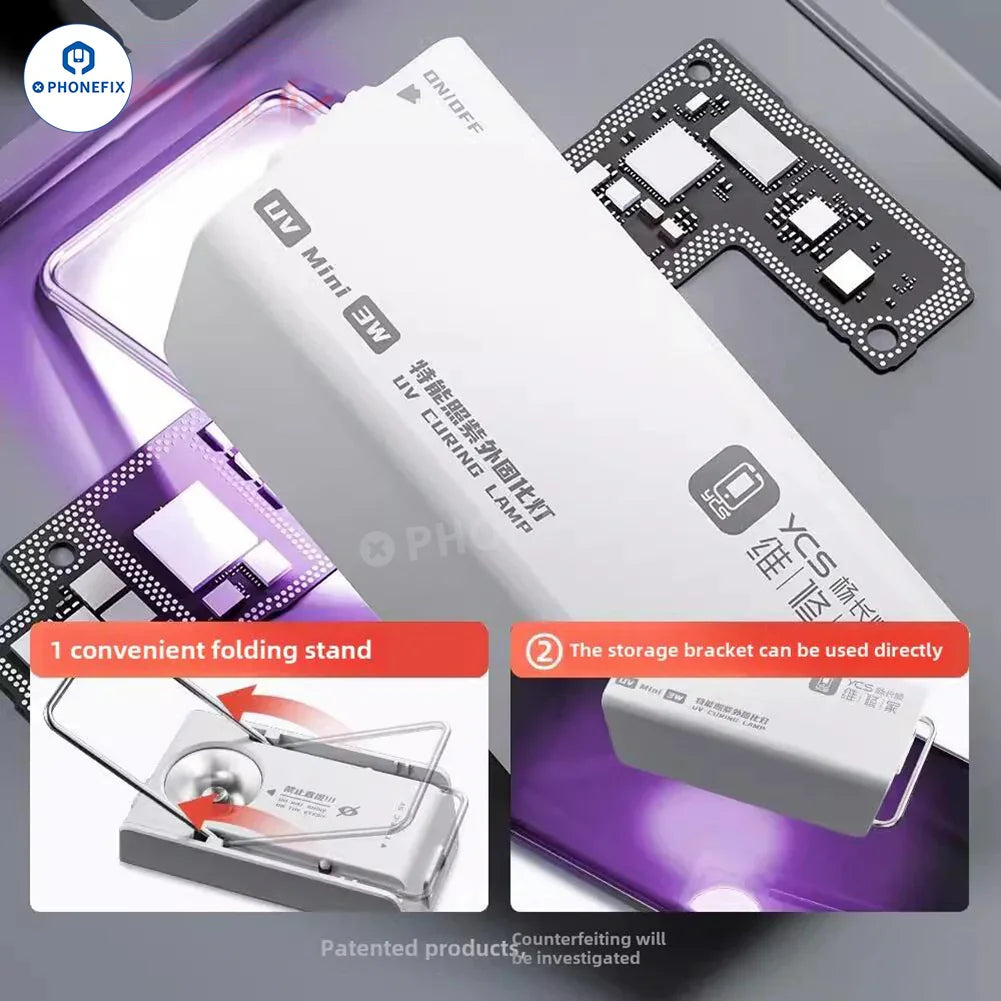 YCS UV curing lamp used for quick-drying solder flux and glue in electronics repairs, featuring a green oil design from PHONEFIX.