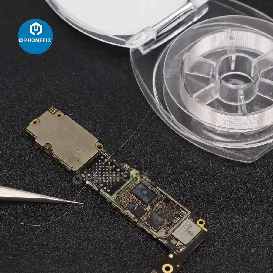 Ultra-fine silver solder wire for phone fingerprint welding, branded PHONEFIX MY-F008 jump wire, used for precise electronics repairs.