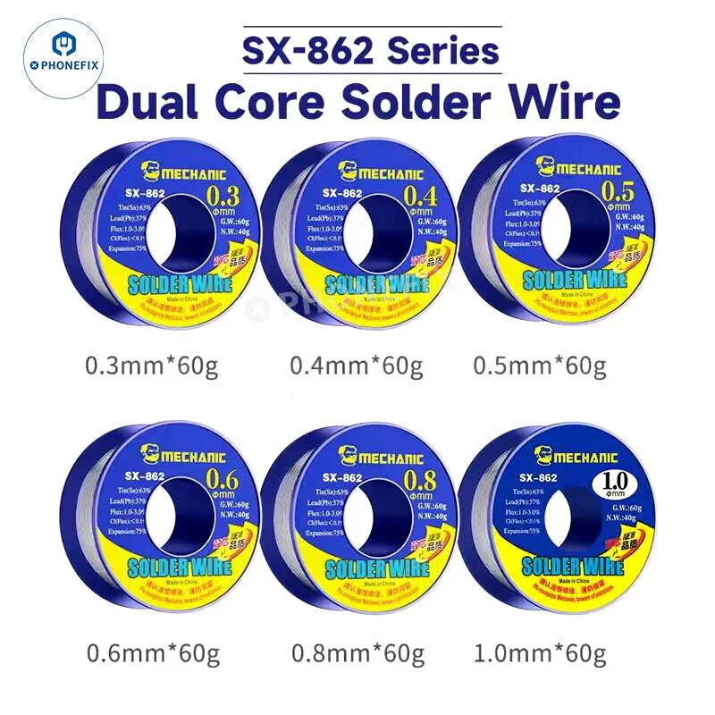 Mechanic SX-862 dual core tin solder wire for electrical board soldering, with spool of silver-colored solder wire from PHONEFIX.