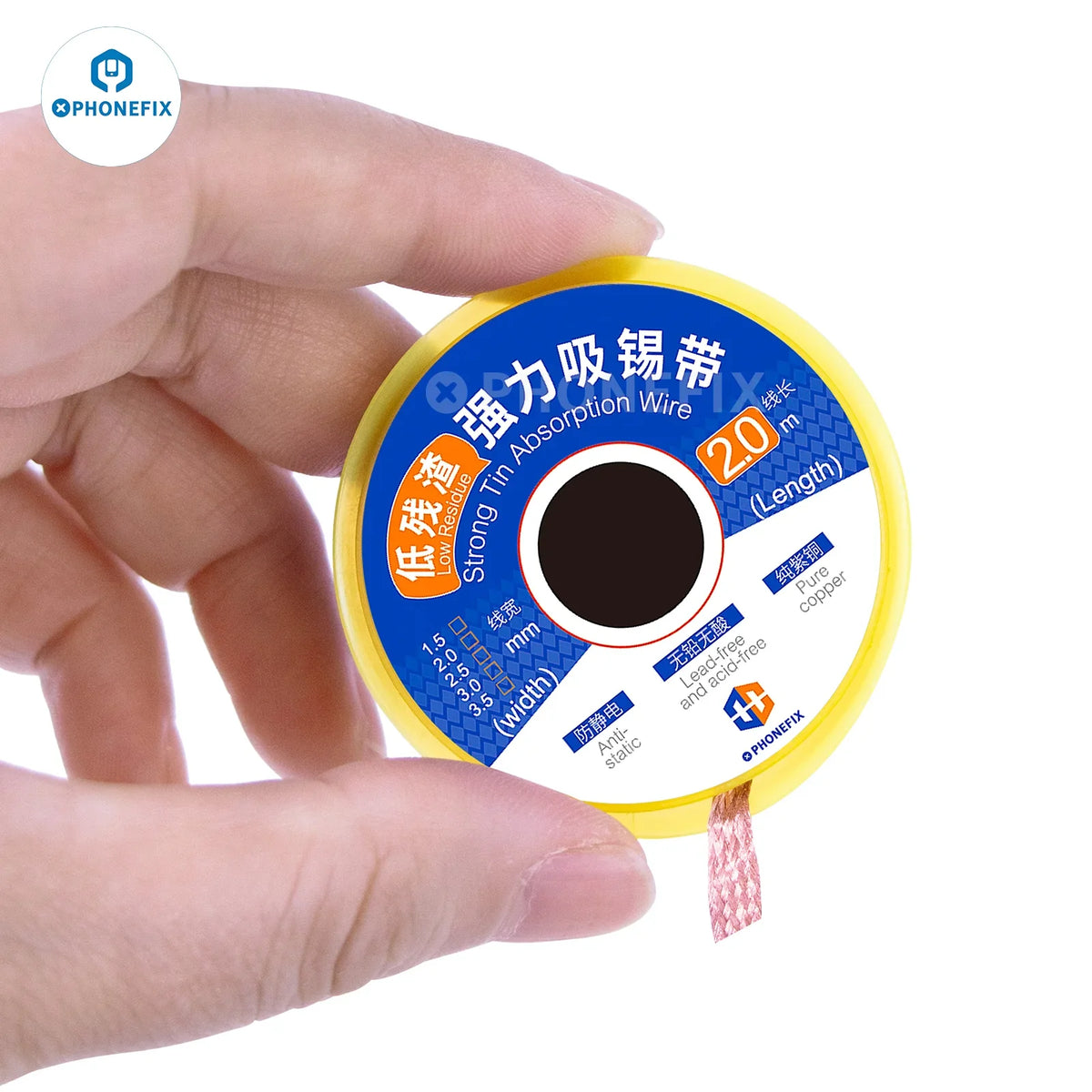 Phonefix Sucking Tin Wire solder wick, 1.5mm to 3.5mm, 1.5M BGA desoldering braid for electronics repair and soldering.