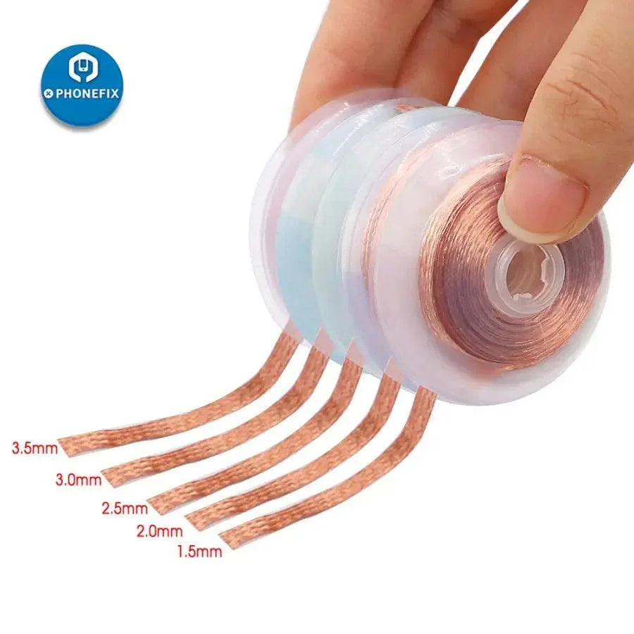 Flux desoldering braid with pure copper absorption wire, ideal for removing solder from electronic components.