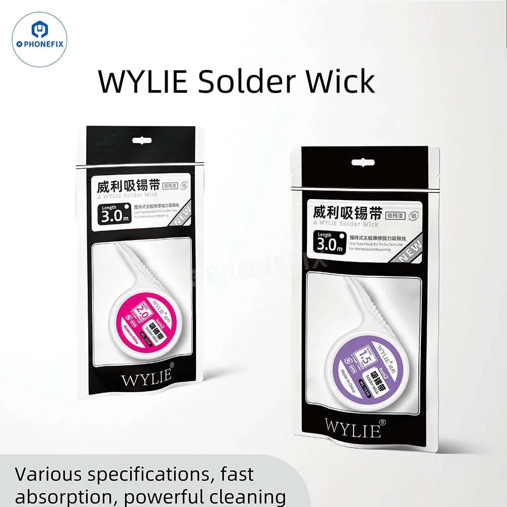 PHONEFIX Wylie Desoldering Wick solder wire dispenser in 1.5mm to 3.5mm for removing solder from circuit boards.