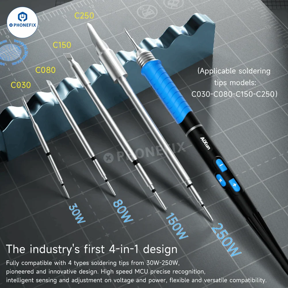 AiXun T225 soldering handle with C250, C150, C080, C030 tips for precise electronic work, by PHONEFIX.