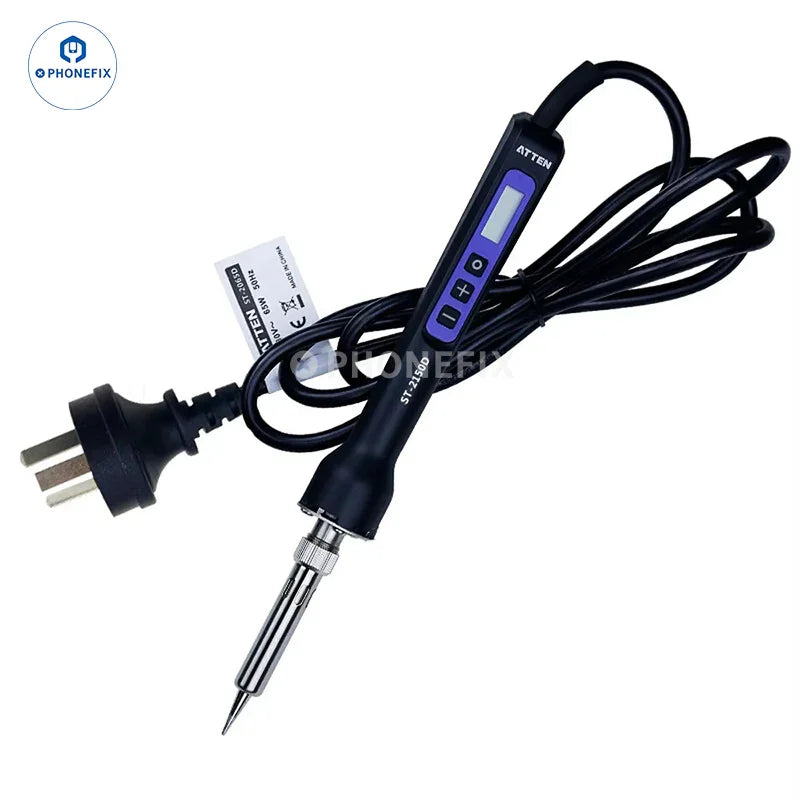PhoneFix ATTEN digital electric soldering iron ST-2065D, ST-2080D, or ST-2150D with ergonomic handle and precision tip for electronics repair.