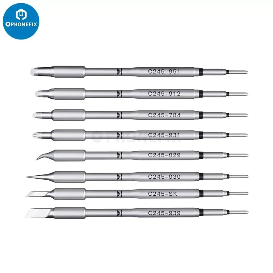 JBC C115 C210 C245 soldering iron tips for JBC I2C soldering station, compatible with PhoneFix brand, shown on a white background.