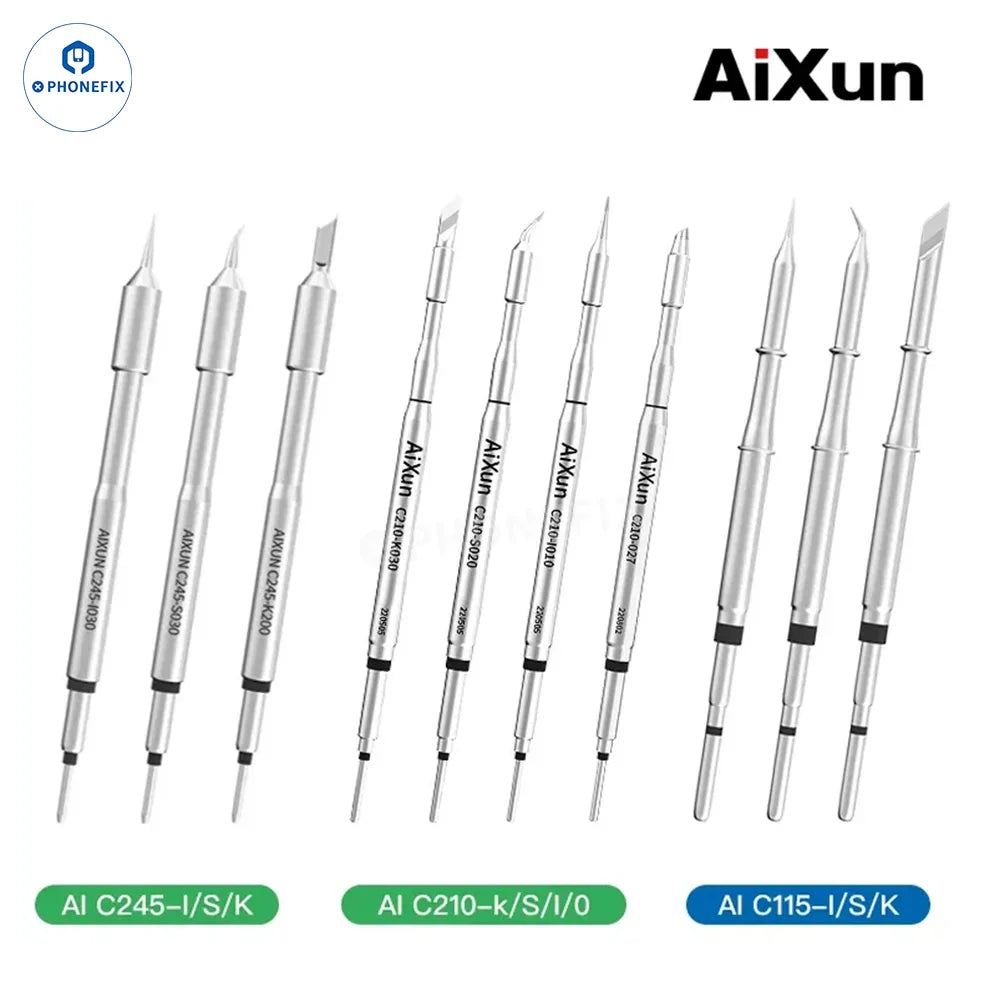 Set of four PHONEFIX JBC C115 C210 C245 soldering iron tips for JBC I2C soldering station, showing various tip shapes and sizes.