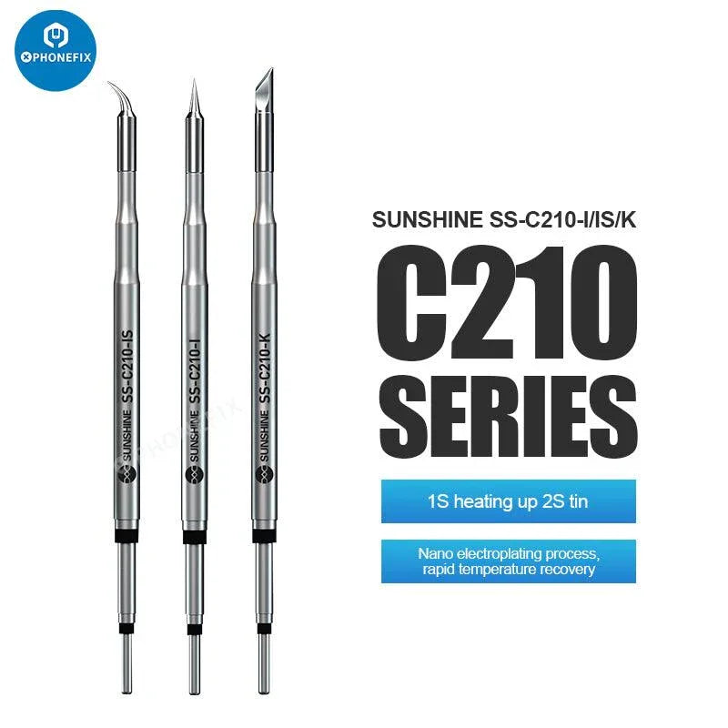 Sunshine GVM C210 soldering iron tip for JBC welding, compatible with PHONEFIX soldering tools, close-up of the metal tip.