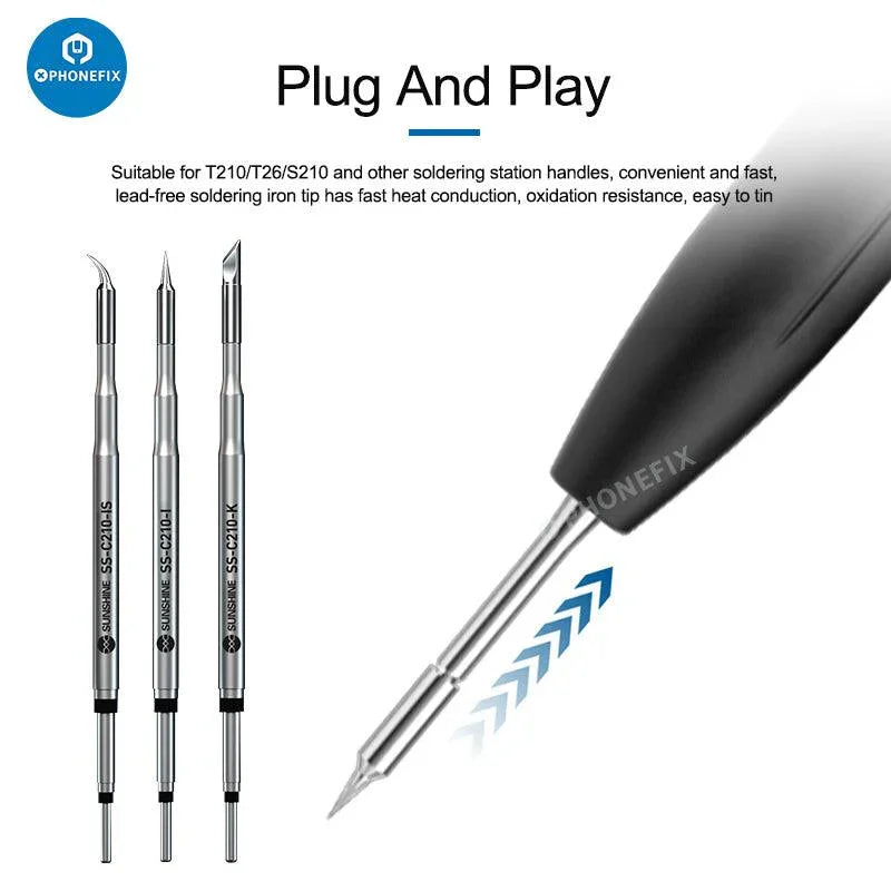 Sunshine GVM C210 soldering iron tip for JBC welding, compatible with C210-I/IS/K models, used for precise soldering tasks.