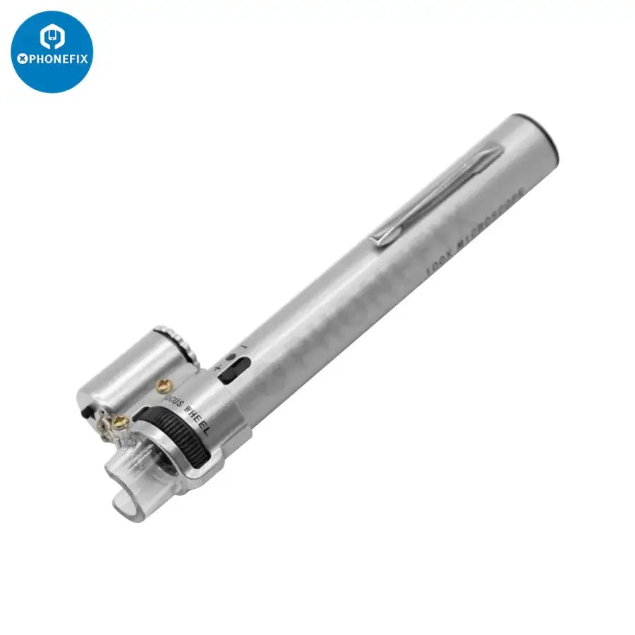 PhoneFix 100X handheld LED pen-style microscope loupe magnifier for detailed soldering inspection and close-up viewing.