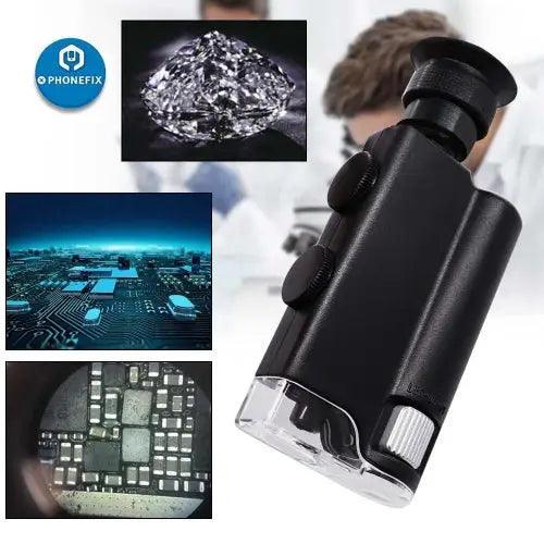 Carson MicroBrite Plus LED lighted pocket microscope with 60x-240x magnification, used as a soldering magnifying glass by PHONEFIX