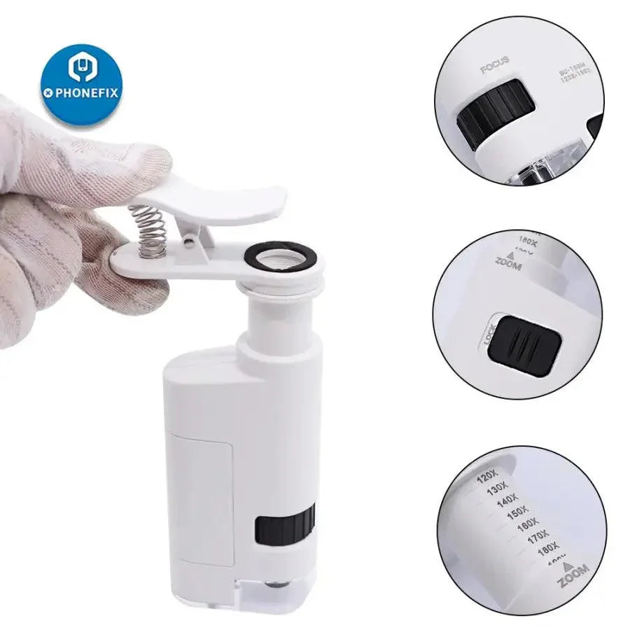 PHONEFIX 120X pocket phone microscope with clip, LED UV light, and magnifying glass for detailed soldering inspections.
