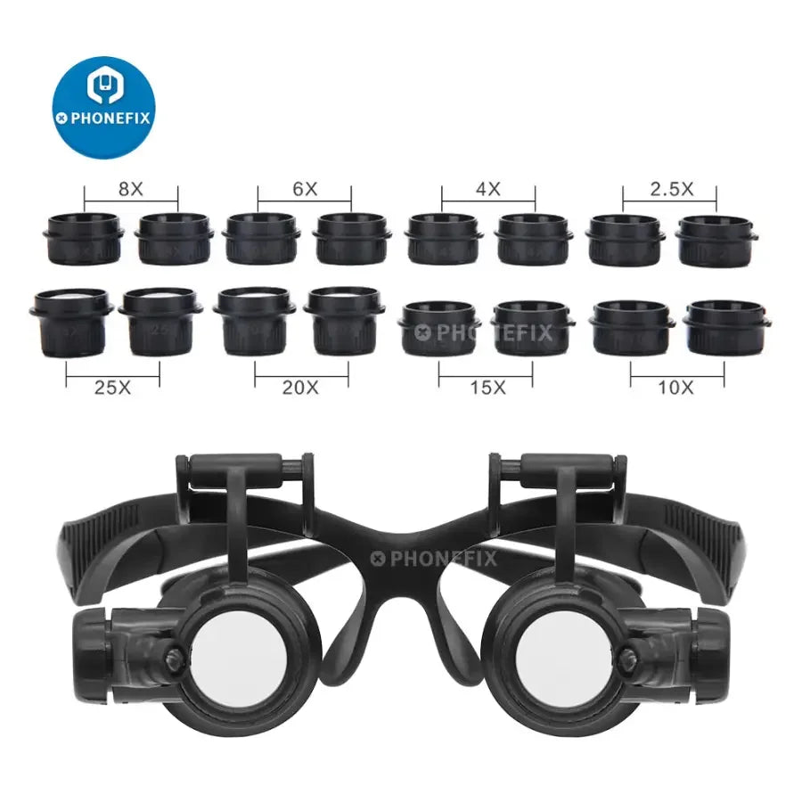 PhoneFix 2.5X-25X binocular head loupe with LED light, repair magnifier for detailed soldering and electronics work.