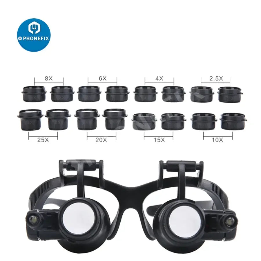 PHONEFIX 2.5x-25x LED magnifier eye glasses for watch repair, double lens soldering magnifying glasses for detailed inspection.