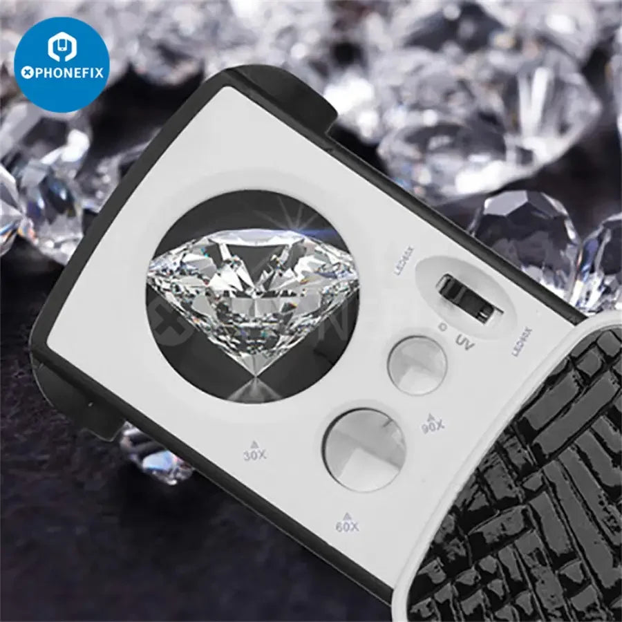Phonefix jewelry magnifier with 30x, 60x, 90x zoom, optical lens loupe for detailed inspection of small jewelry and components.