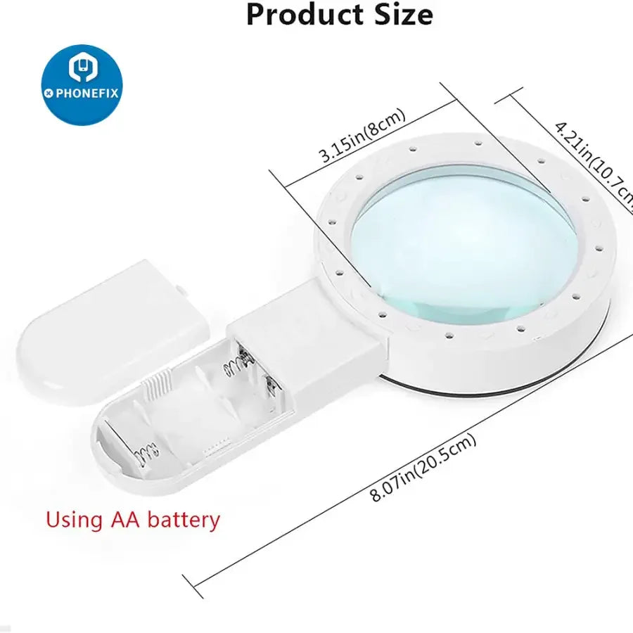 PHONEFIX 30x handheld magnifier with light for soldering, jewelry inspection, and seniors' reading, featuring a clear glass lens and ergonomic handle.