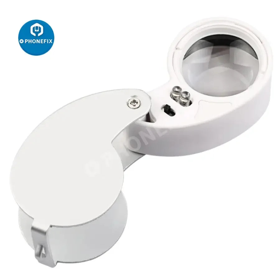 PHONEFIX 40x mini folding LED magnifying glass for antiques identification, compact soldering loupe with illumination.