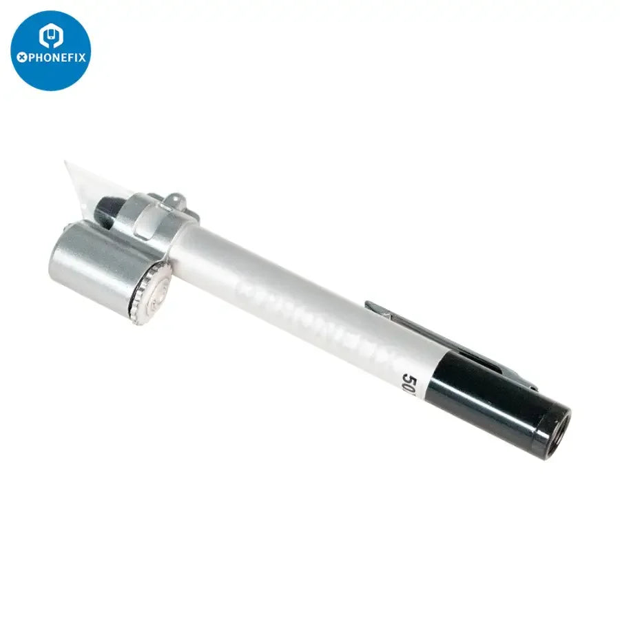 PhoneFix 50x pen-style magnifying glass with LED light, pocket scale, and microscope loupe for detailed soldering and inspection.