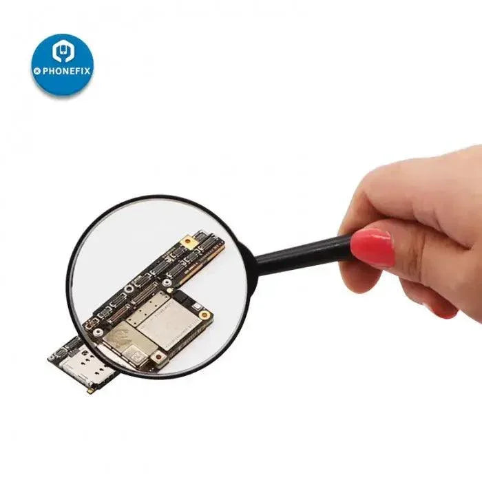 PHONEFIX 5x handheld magnifier loupe for jewelry and phone repair, compact soldering magnifying glass with ergonomic handle.