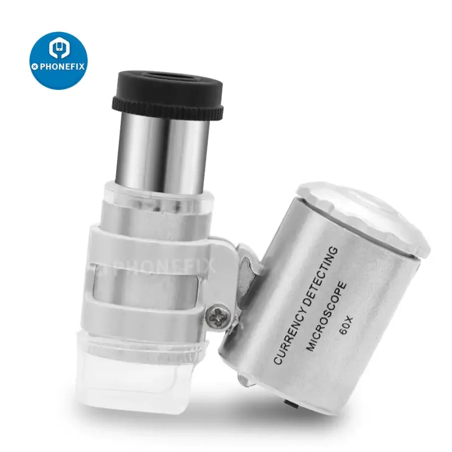 Phonefix 60x multi-function handheld microscope loupe with LED and UV light, ideal for detailed soldering and inspection work.