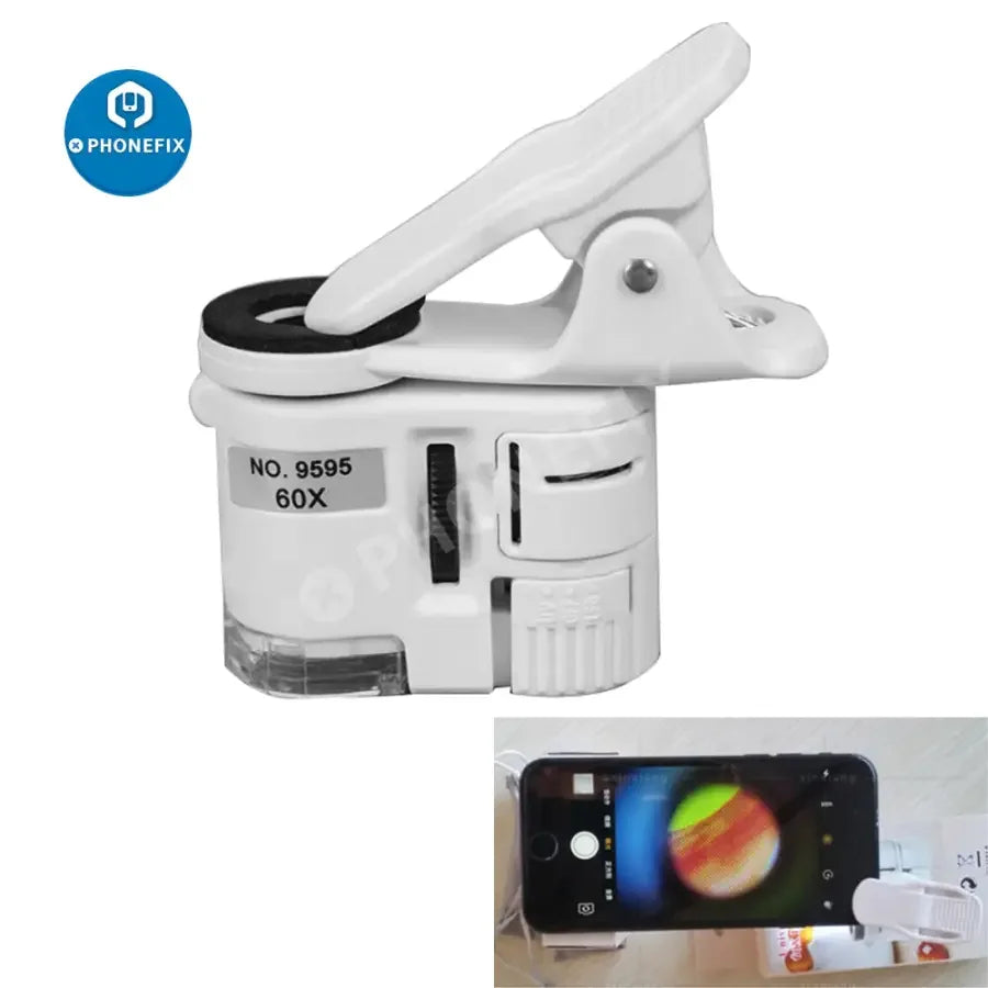PhoneFix 60x universal portable clip-on microscope with LED light, magnifying glass for precise soldering and detailed inspection.