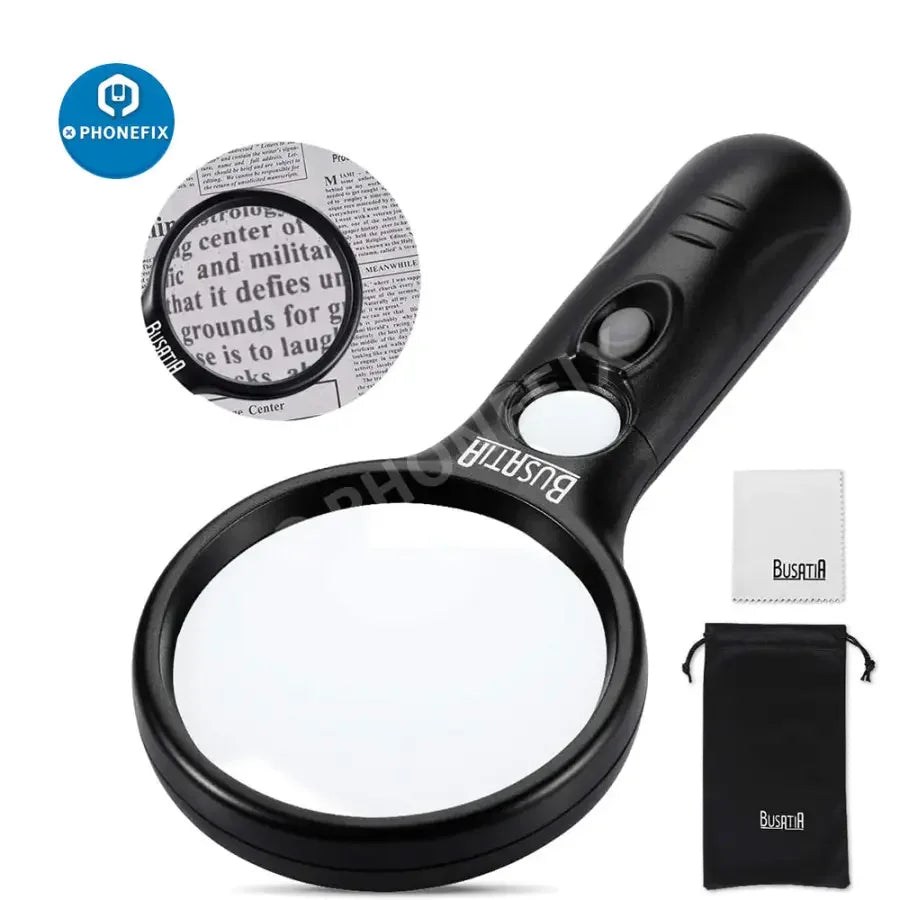 BUSATIA 3X 45X LED illuminated soldering magnifying glass for reading, jewelry work, and detailed tasks, by PHONEFIX.