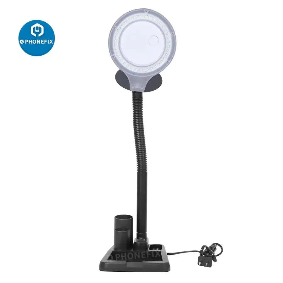 PHONEFIX desktop soldering magnifying glass with 10x HD zoom and adjustable LED lamp for detailed work.
