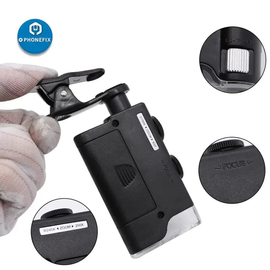 PhoneFix mini phone clip microscope with 60X magnification, LED UV light, compact soldering magnifying glass for detailed inspection.