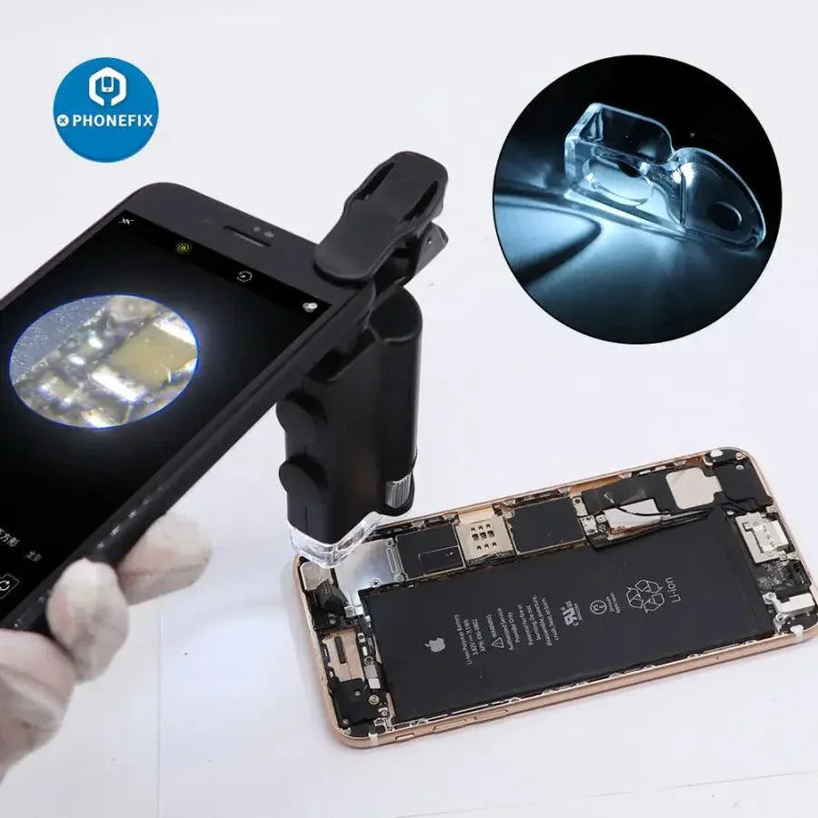 PhoneFix mini phone clip microscope with 60x magnification, LED UV light, and pocket soldering magnifying glass for detailed inspection.