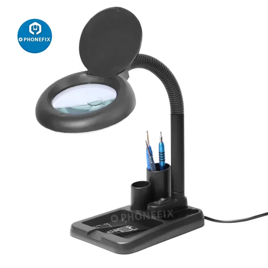 PhoneFix LED desk magnifier lamp with 5x, 10x, and 40x magnifying glasses and adjustable LED light for precise soldering work.