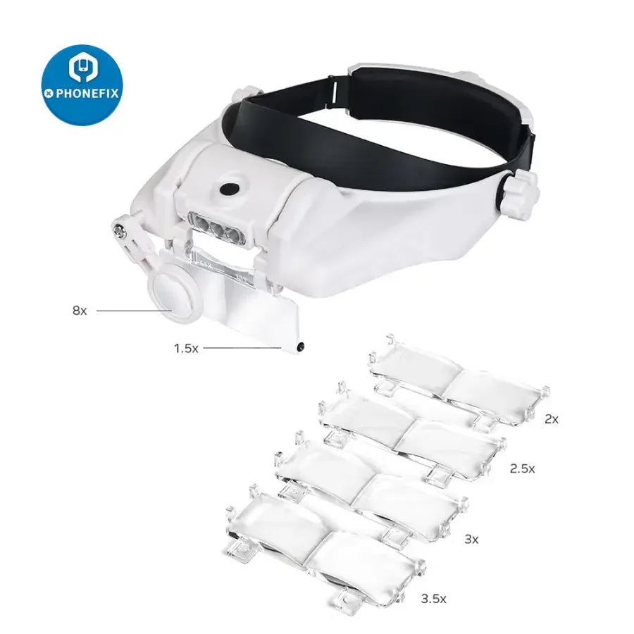 PHONEFIX LED headband glasses loupe with 1.5-8X magnification, repair aid magnifying glass for detailed soldering and electronics work.