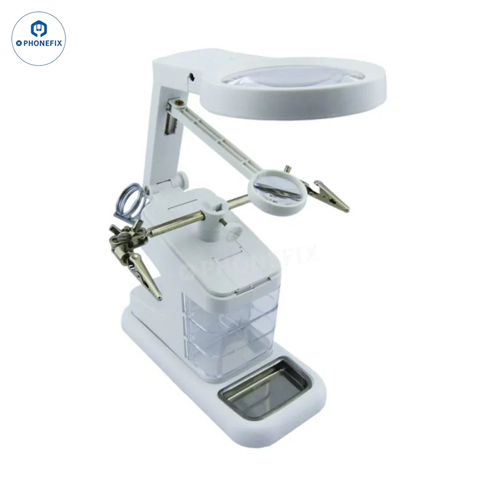 PHONEFIX TH 7026 desktop soldering magnifying glass with 10 LED lights, clear view of the magnifier and built-in lighting.