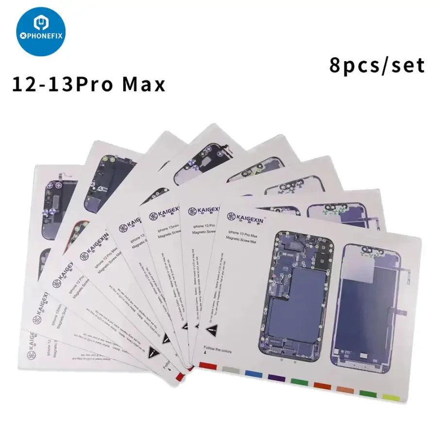 PHONEFIX magnetic screw mat for iPhone 12-14 Pro Max, soldering parts storage pad with magnetic compartments for phone repair.