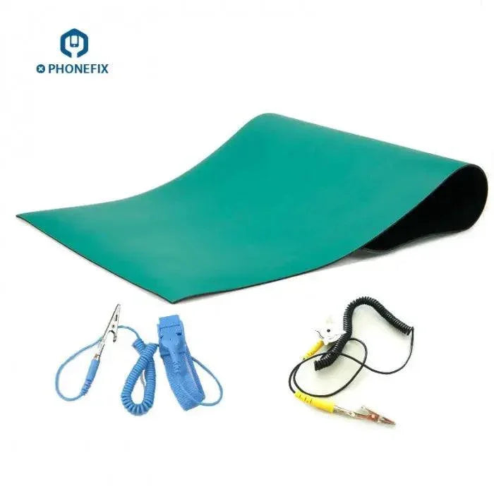 PhoneFix anti-static soldering repair mat with ground wire and ESD wrist for safe electronic component handling.