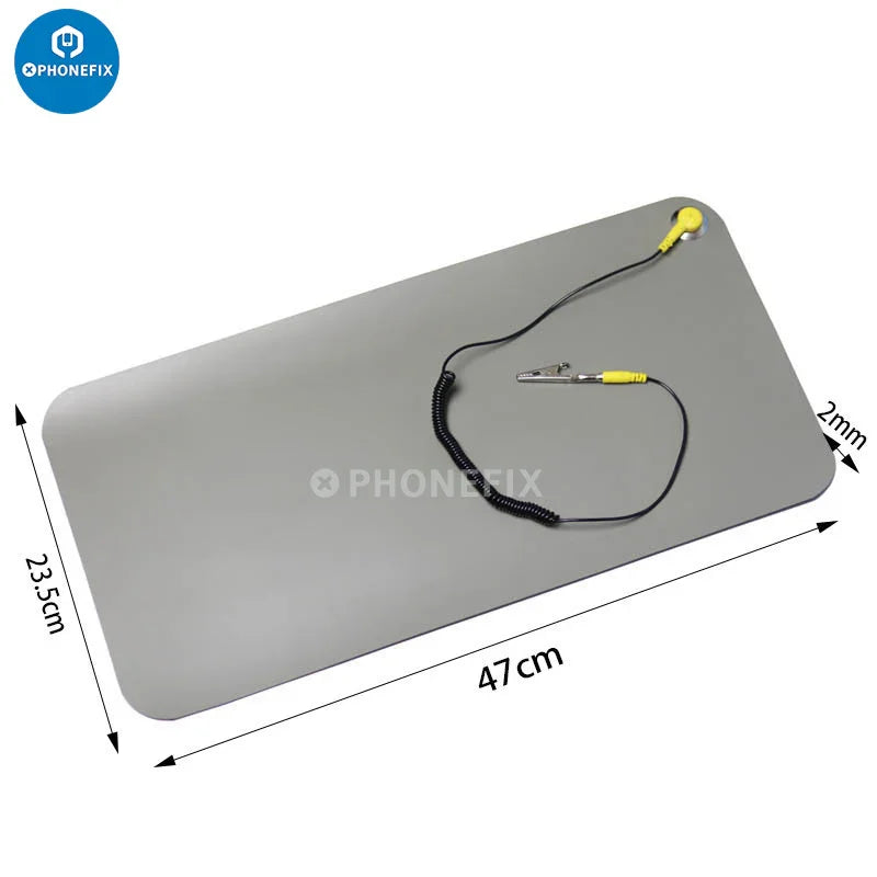 PhoneFix anti-static soldering repair mat with ground wire and ESD wrist strap for safe electronic component work.