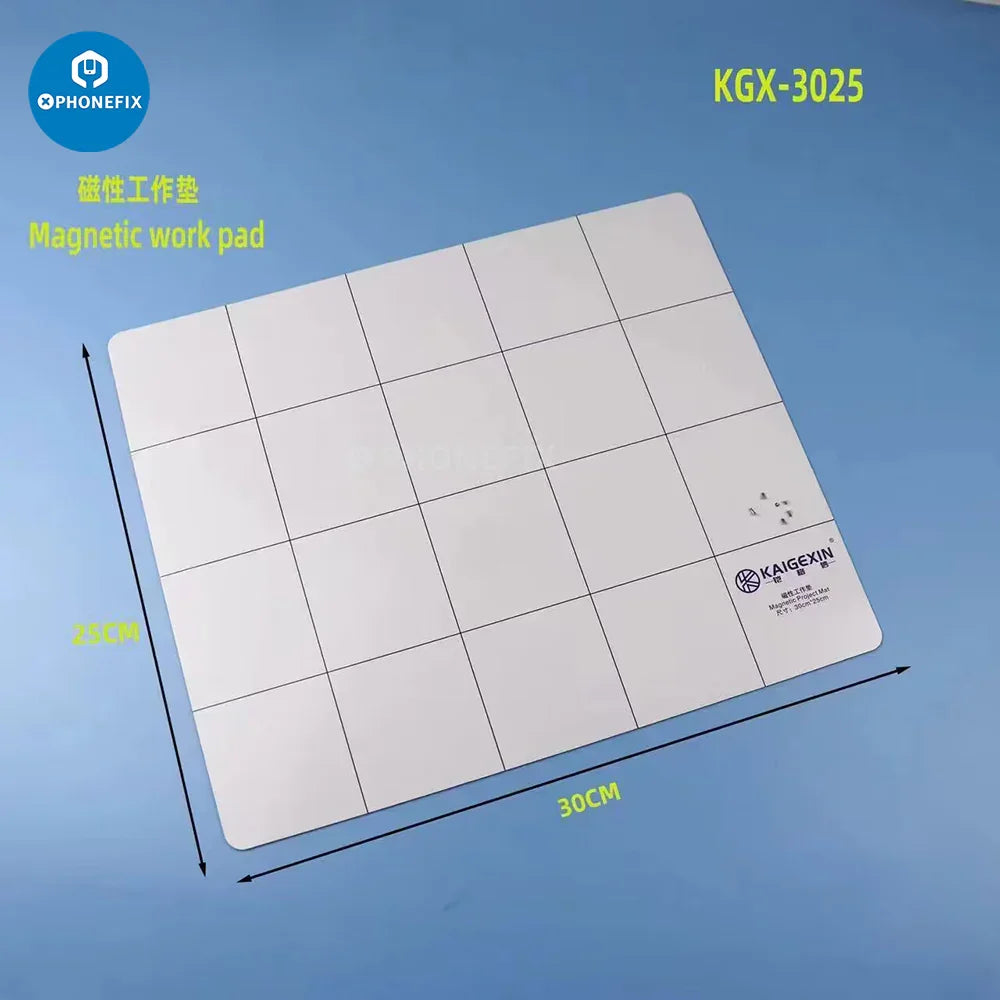Small PHONEFIX magnetic soldering project mat with electronic parts screws prevent pad for organizing and working on electronics.