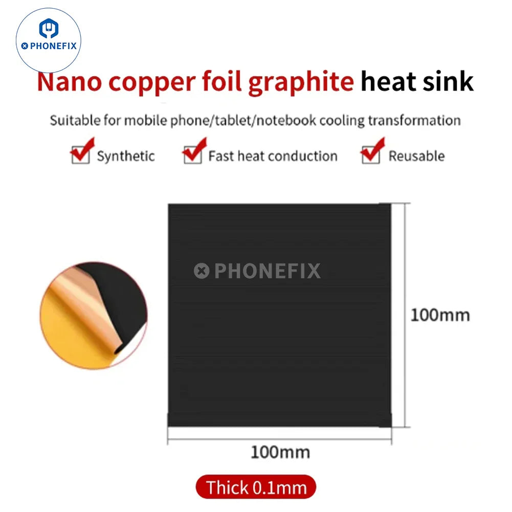 Copper foil graphene heatsink thermal pad for phone CPU cooling, shown as a soldering mat with metallic and thermal material layers.