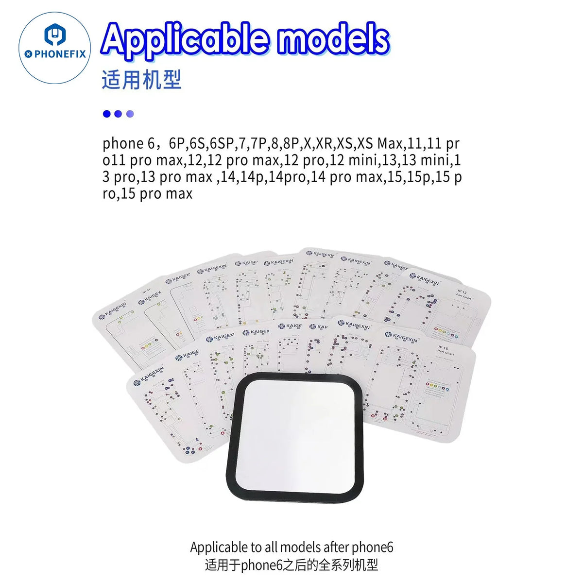 PHONEFIX magnetic screw mat work guide chart for iPhone 6 to 15 Pro Max, featuring labeled sections for soldering and repair.