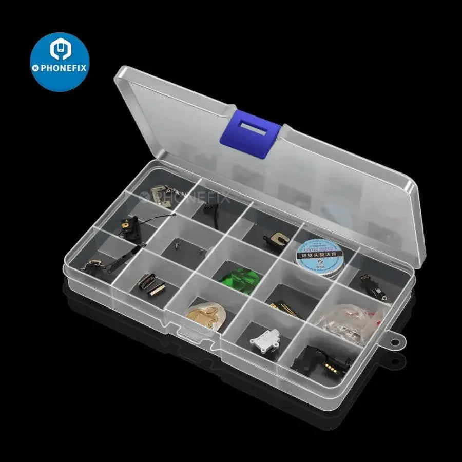 Plastic PhoneFix storage box container for phone repair parts, with multiple compartments for organized electronic components.