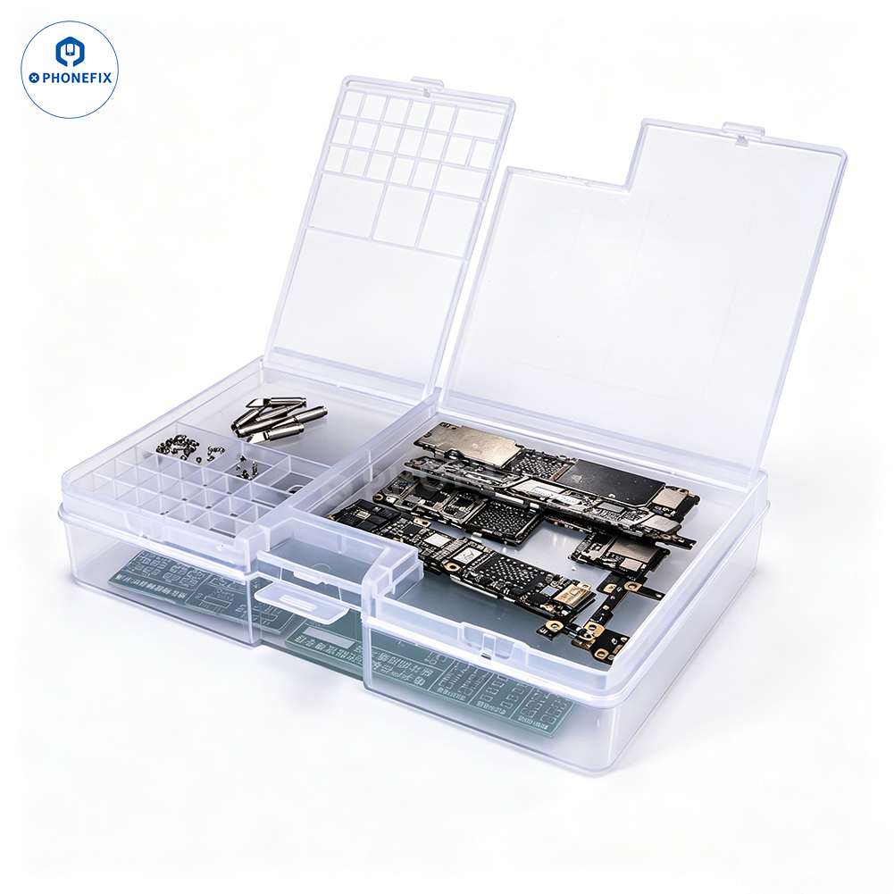 Double-layer PVC storage box for phone IC repair parts by PHONEFIX, showing compartments for organizing small electronic components.