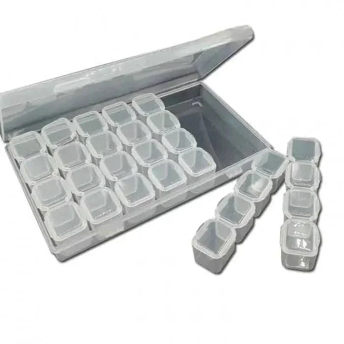 Colorful 28-grid plastic storage box by PHONEFIX for organizing small parts and hardware in a transparent container.