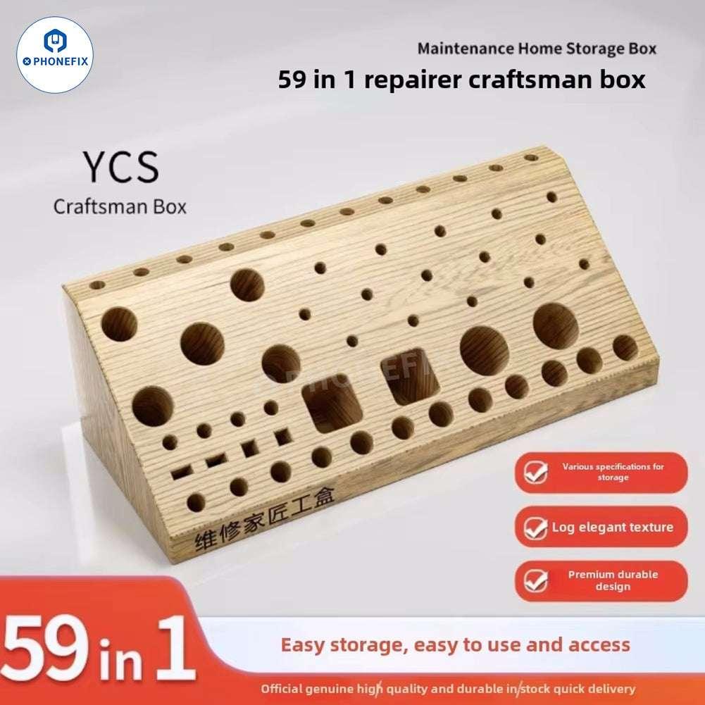 PHONEFIX YCS 59-in-1 wooden storage box for screwdrivers and tweezers, organized tool holder with multiple compartments.