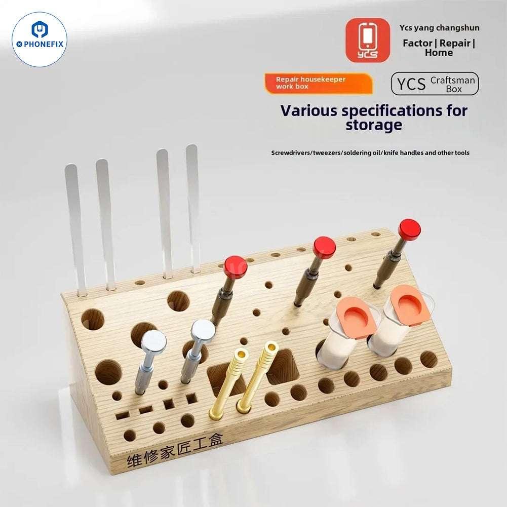 YCS 59-in-1 wooden storage box with screwdriver and tweezers tools organizer, featuring compartments for small tool storage