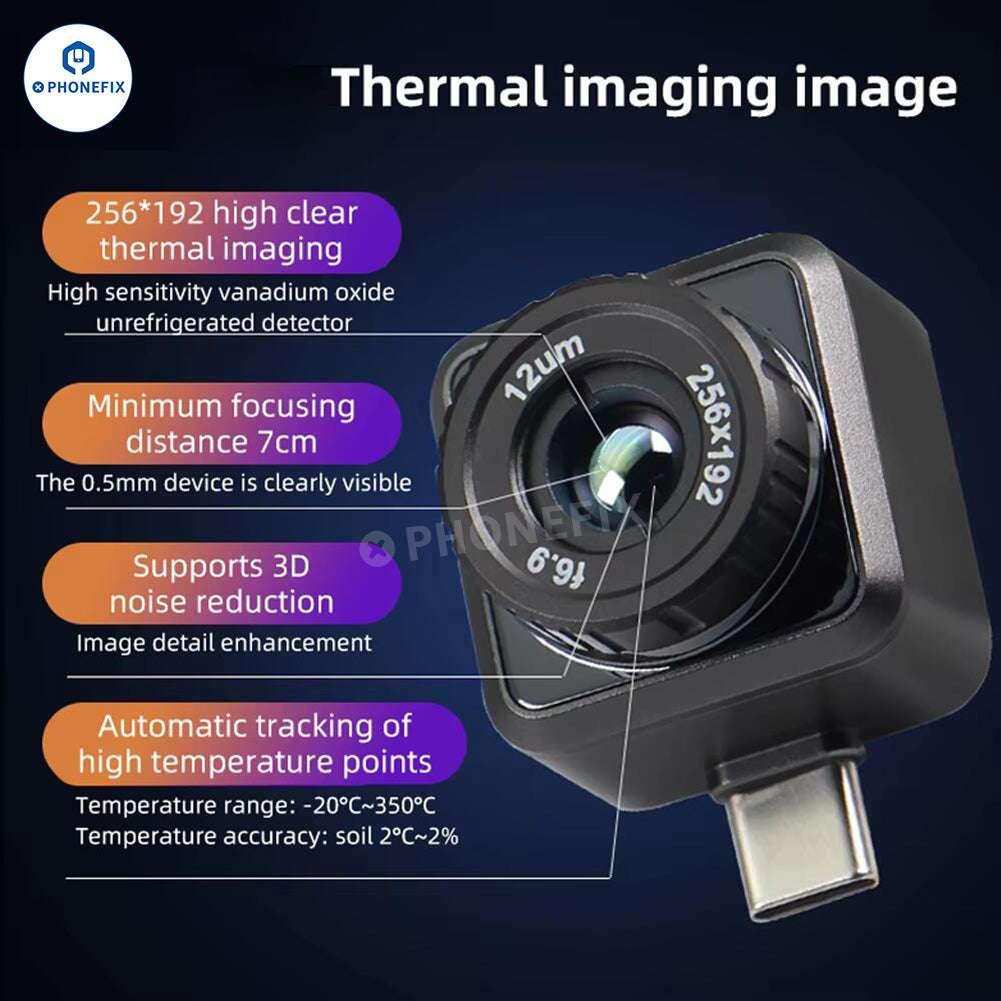 PHONEFIX thermal imaging camera showing PCB fault analysis with 512x384 resolution in a close-up view.