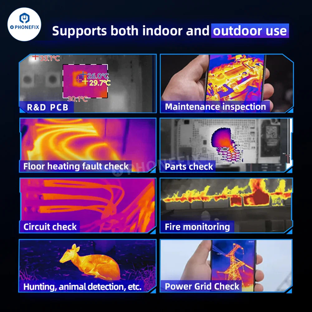 PHONEFIX QianLi Fire Eye Pro infrared thermal camera showing colorful thermal image of a PCB for fault diagnosis.