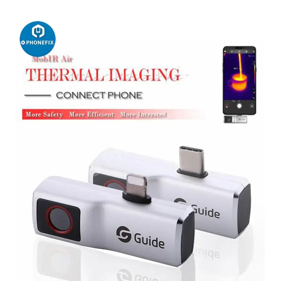 MobIR Air thermal imaging camera attached to a smartphone, showcasing thermal view for Android and iOS devices by PHONEFIX.